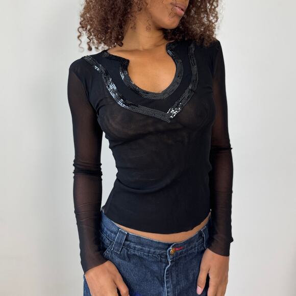 Vintage Euro Black Mesh Long-Sleeve Top with Sequin V-Neck (XS/S) - Picture 1 of 5